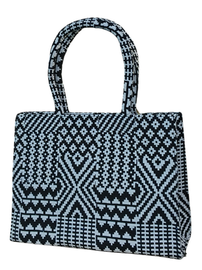 Jacquard Fabric Tote Bag 11x14 Inch Black & White Floral Pattern Handbag