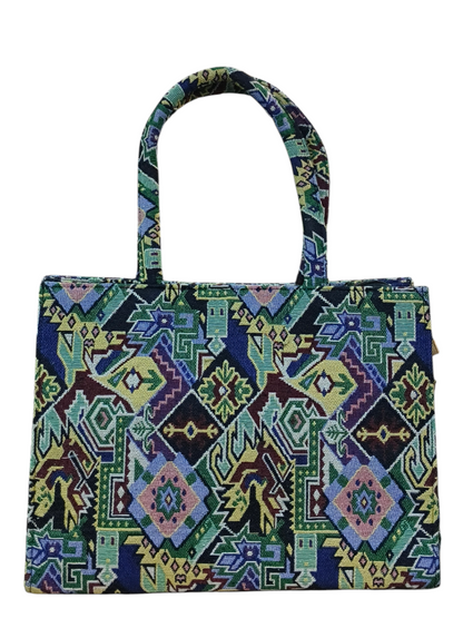 Jacquard Fabric Tote Bag 11x14 Inch Black & White Tribal Pattern Shoulder Bag