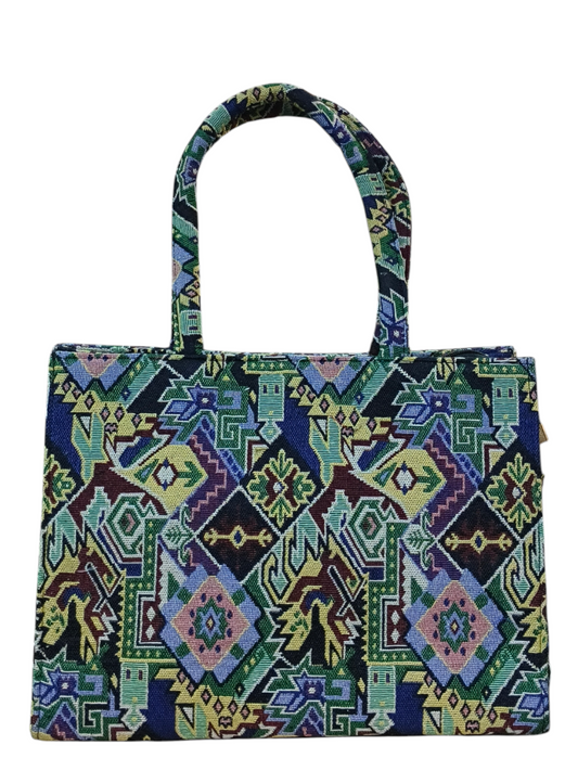 Jacquard Fabric Tote Bag 11x14 Inch Black & White Tribal Pattern Shoulder Bag