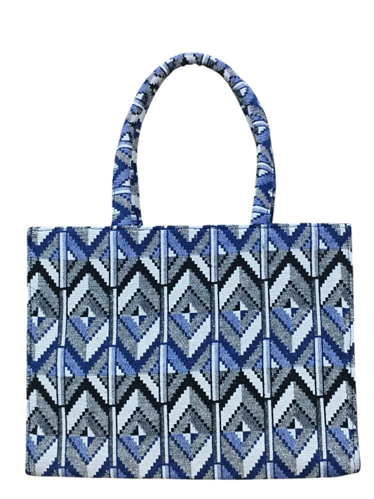 Blue & Black Geometric Jacquard Fabric Tote Bag – 11x14 Inch Designer Handbag for Women