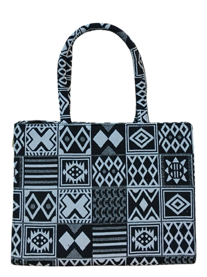 Black & White Jacquard Fabric Tote Bag – 11x14 Inch Elegant Handbag for Women