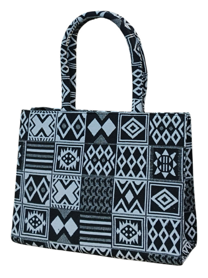 Black & White Jacquard Fabric Tote Bag – 11x14 Inch Elegant Handbag for Women