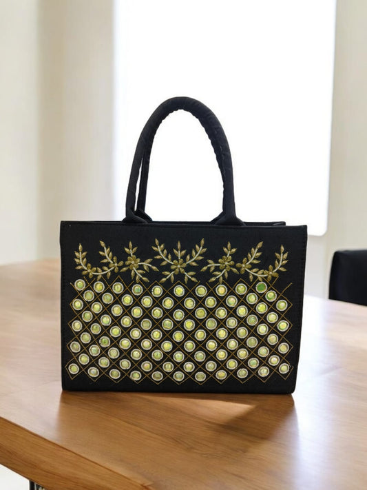 Handcrafted Khatli Work Tote Bag – Luxurious Golden Embroidered Handbag