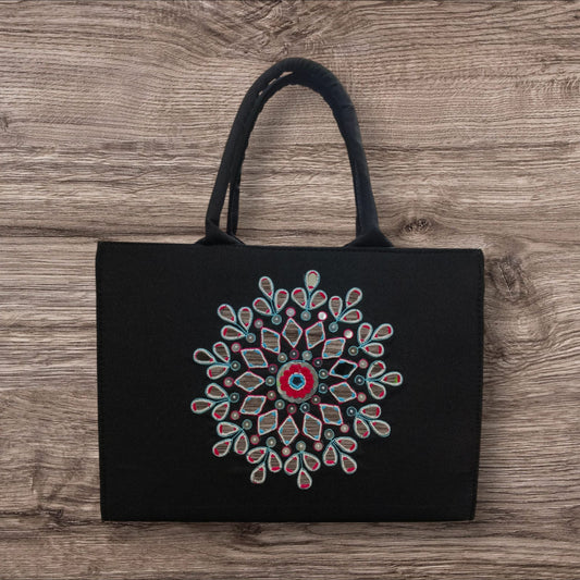 Handcrafted Black Tote Bag with Traditional Zardosi Embroidery – Elegant Ethnic Design Work Bag for Women