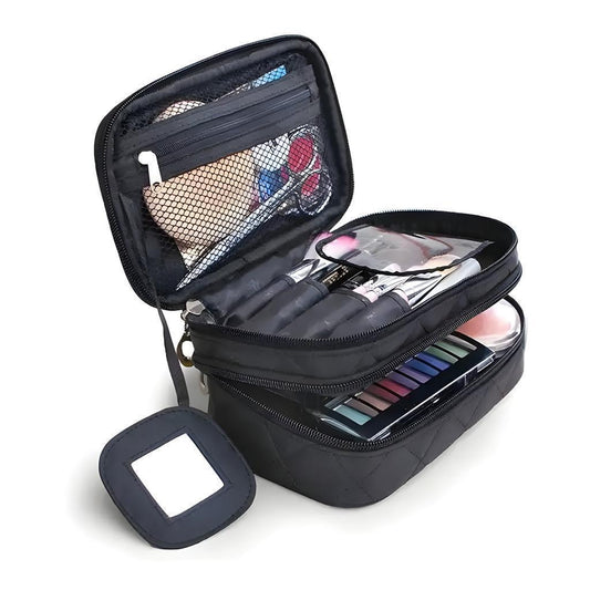 Travel Cosmetic Bag, Double Layer Makeup Bag With Mirror Beauty Makeup Brush Bags Travel Kit Organizer, Cosmetic Bag Professional Multi functional Organizer For Women and Men (color : black)