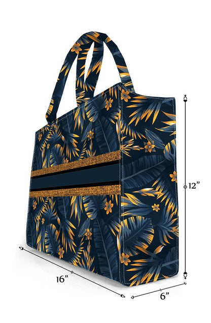 Statement Midnight Tropical Tote Bag Premium Quality Navy Blue Canvas with Vibrant Botanical Pattern