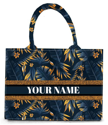 Statement Midnight Tropical Tote Bag Premium Quality Navy Blue Canvas with Vibrant Botanical Pattern