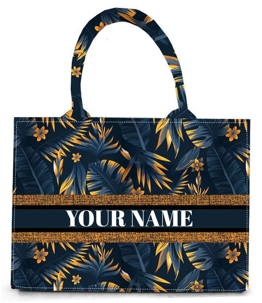 Statement Midnight Tropical Tote Bag Premium Quality Navy Blue Canvas with Vibrant Botanical Pattern
