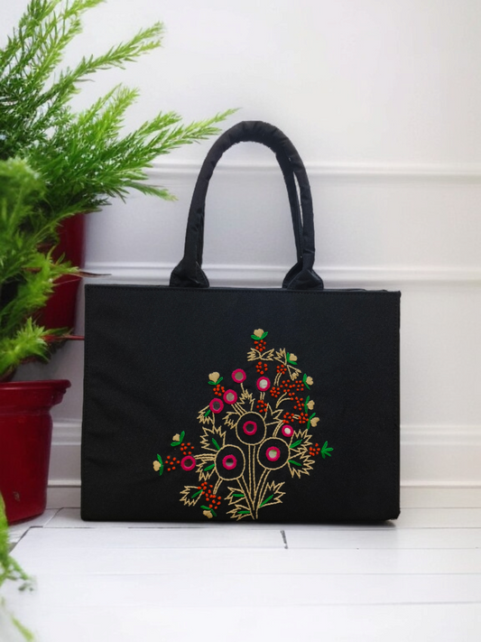 Premium Black Handcrafted Tote Bag with Colorful Traditional Embroidery