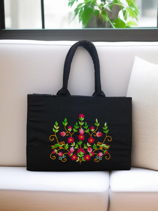 Elegant Floral Embroidered Tote Bag – Black Handcrafted Cotton Bag with Dual Handles – 12 x 16 inch Ethnic Daily Use Shoulder Bag for Women