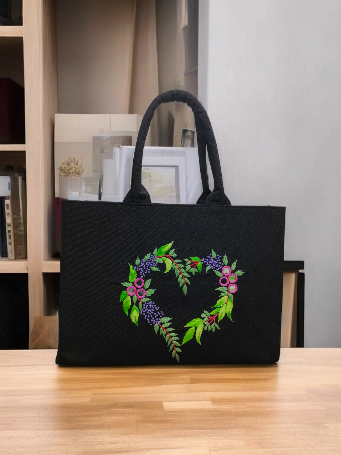 Black Canvas Tote Bag with Heart-Shaped Floral Print Eco-Friendly Stylish Handbag (12x16 Inch) for Daily Use