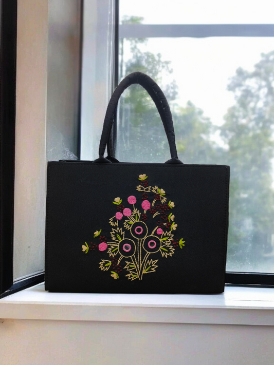 Black Floral Embroidered Tote Bag 12 x 16 inch Handcrafted Cotton Bag for Women Eco-Friendly Everyday Carry Bag with Pink & Green Nature-Inspired Design