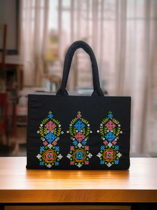 Ethnic Embroidered Tote Bag – Elegant Black Fabric Bag with Vibrant Thread Work 12x16 inch Spacious Handbag