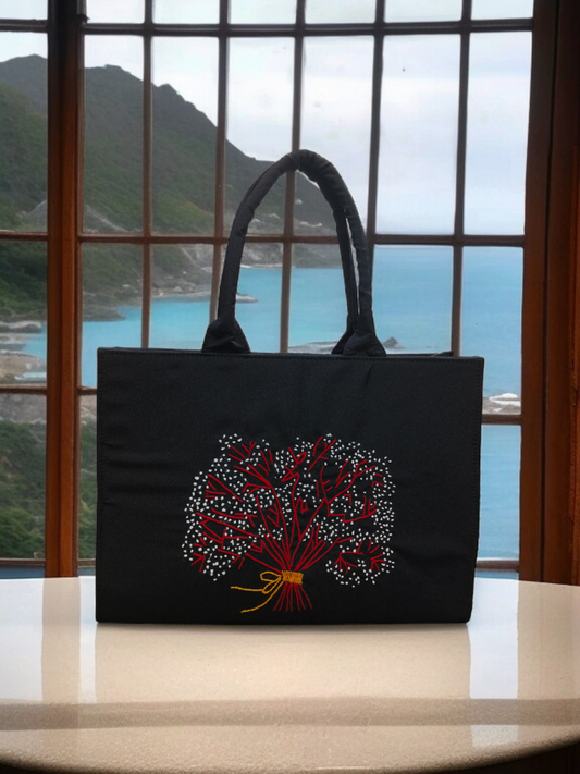 Elegant Black Handcrafted Tote Bag with Colorful Floral Tree Embroidery