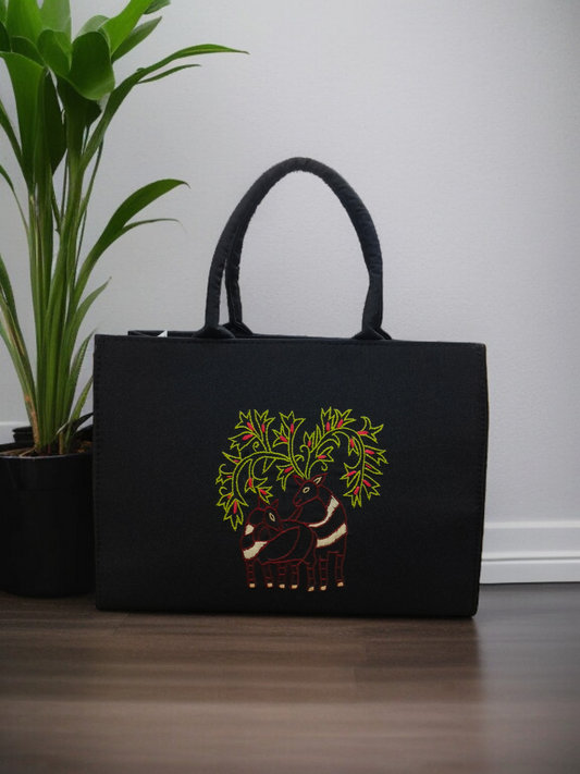 Handcrafted Black Tote Bag 12x16 Inch Tribal Art Print with Nature-Inspired Design Eco-Friendly & Elegant Daily Carry Bag