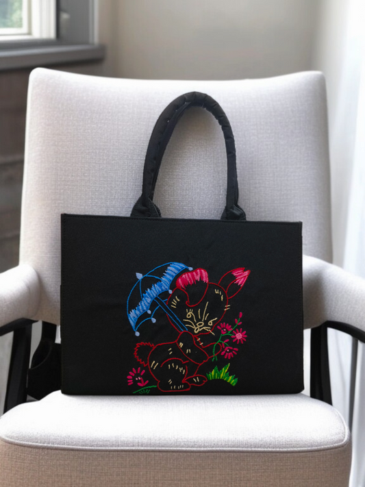 Stylish Black Tote Bag with Colorful Cat and Umbrella Embroidery
