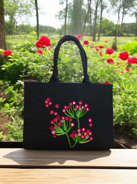 Floral Embroidered Black Tote Bag 12"x16" Premium Cotton Canvas with Handcrafted Red Blossom Print Pattern for Daily