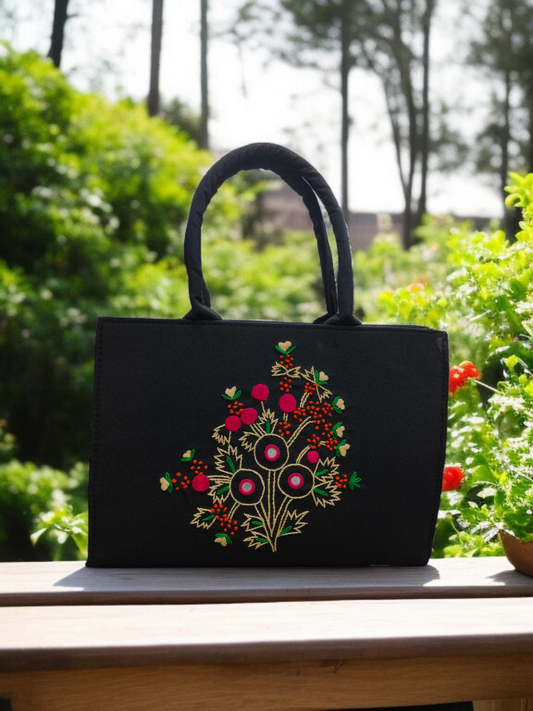Black Tote Bag with Traditional Floral Embroidery Stylish & Spacious Handbag 12 x 16 inch Eco-Friendly, Multipurpose Carryall for Everyday Use