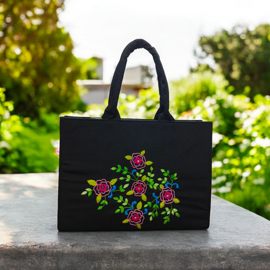 Elegant Black Cotton Tote Bag with Multicolor Floral Embroidery Stylish 12x16 Inch Handcrafted Ethnic Print Shoulder Bag for Women