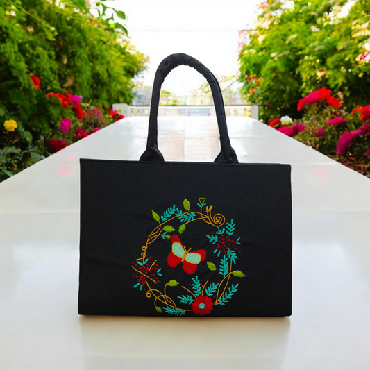 Black Handbag 12x16 inch Cotton Fabric with Colorful Embroidered Floral & Butterfly Print Stylish & Eco-Friendly Tote for Daily Use