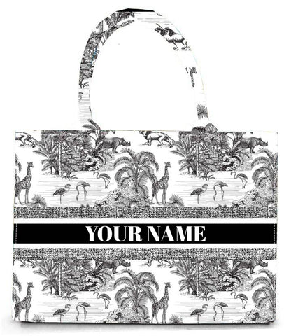 Elegant Safari-Inspired Tote Bag with Black and White Wildlife Print Large Canvas Shoulder Handbag