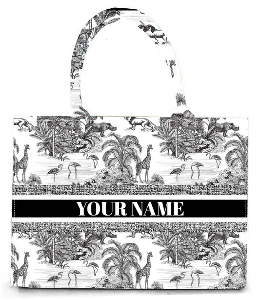 Elegant Safari-Inspired Tote Bag with Black and White Wildlife Print Large Canvas Shoulder Handbag