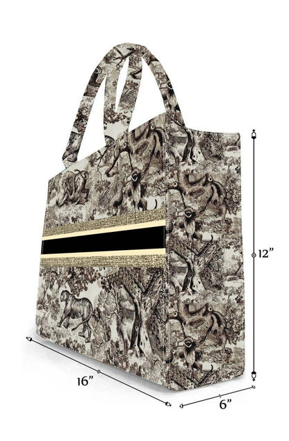 Vintage Wildlife Safari Print Tote Bag | 12"x16" Handcrafted Designer Canvas Bag with Black & Gold Accent