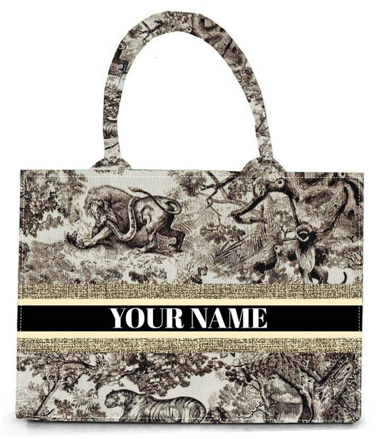 Vintage Wildlife Safari Print Tote Bag | 12"x16" Handcrafted Designer Canvas Bag with Black & Gold Accent