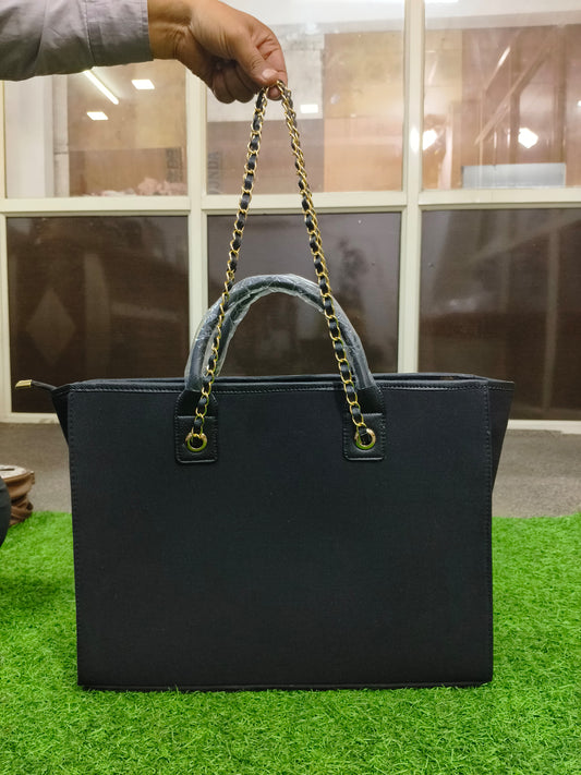 Black Printed Tote Bag – Elegant 12" x 16" Shoulder Handbag with Gold Chain Handles, Spacious Design & Fashion-Forward Look for Women
