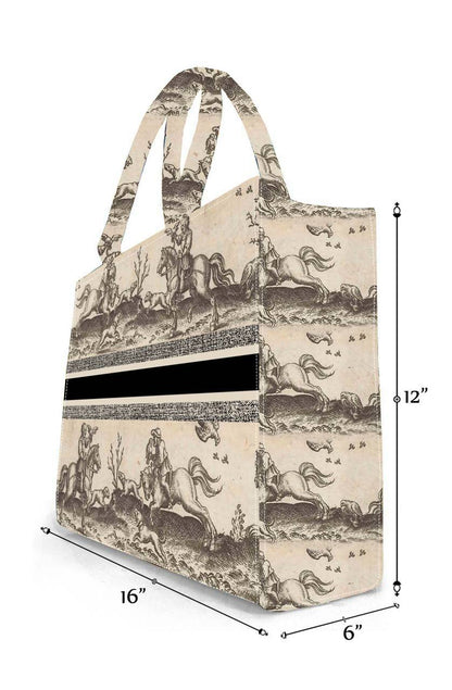 Handcrafted Vintage Equestrian Toile Print Bag Classic Horse Rider Design on Durable Cotton Canvas Tote