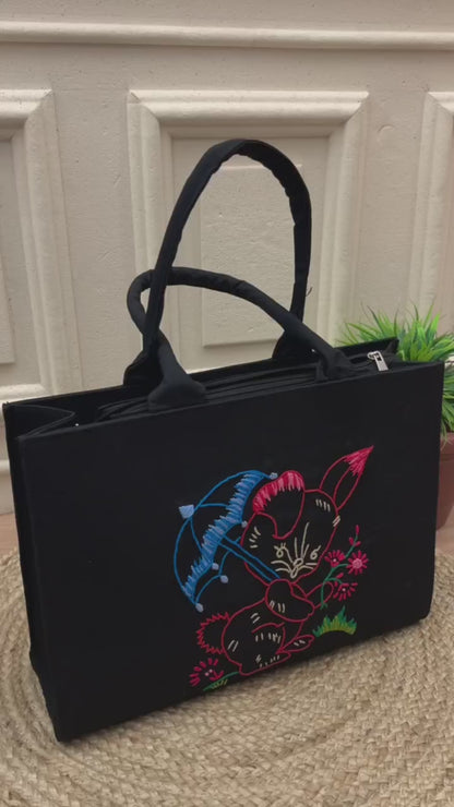 Stylish Black Tote Bag with Colorful Cat and Umbrella Embroidery